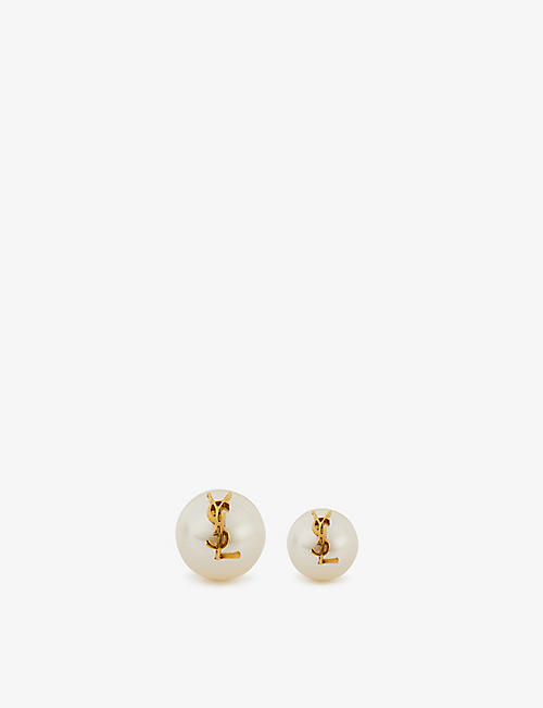 SAINT LAURENT: Monogram gold-toned brass pearl stud earrings