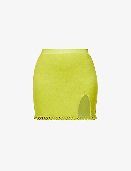 BOTTEGA VENETA: Split-detail chain-trim wool mini skirt