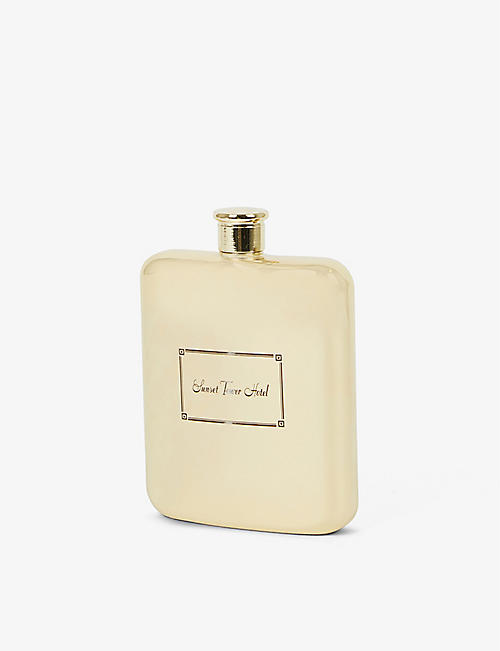 IN RECORD TIME: In Record Time x Sunset Tower Hotel engraved 14ct yellow gold-plated brass hip flask