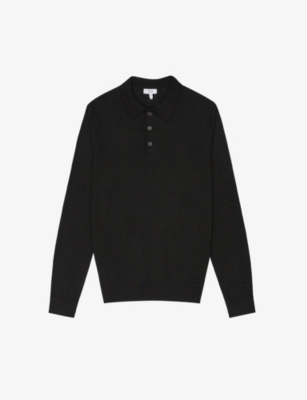 Reiss Trafford Merino Wool Regular Fit Long Sleeve Polo Shirt In Black
