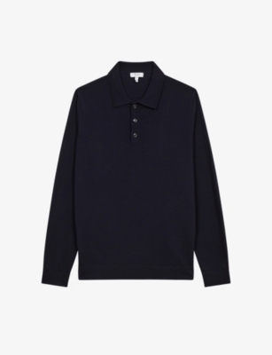 REISS REISS MEN'S NAVY TRAFFORD LONG-SLEEVE MERINO-WOOL POLO TOP,55844698