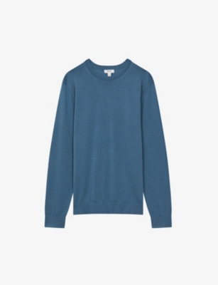 Reiss Mens Marine Blue Wessex Crewneck Merino-wool Jumper