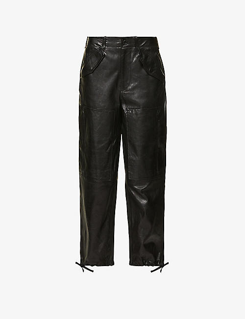 POLO RALPH LAUREN: Cropped tapered leg high-rise leather trousers