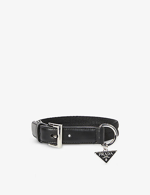 PRADA: D-ring brand-plaque leather and woven dog collar