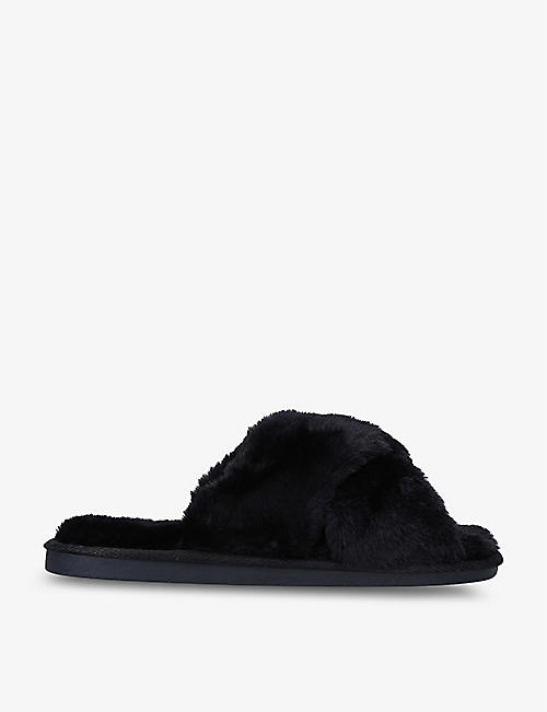 LAINES LONDON: Eye-embellished faux-fur slippers