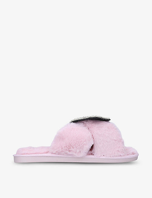 LAINES LONDON: Lobster-embellished faux-fur slippers
