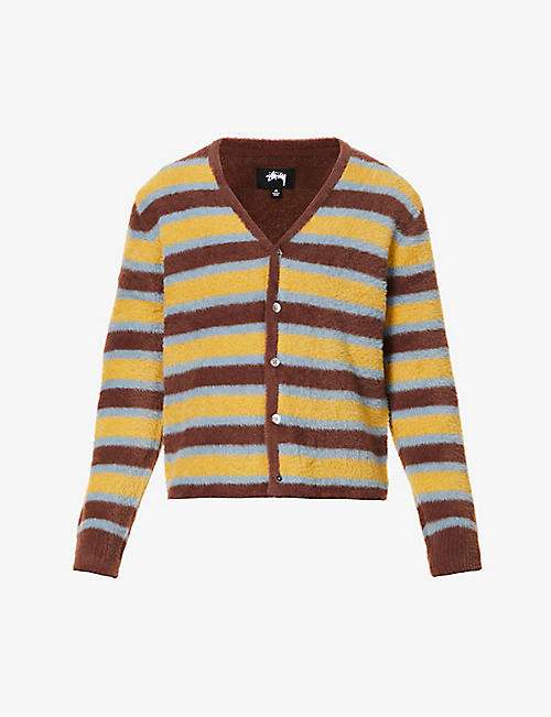 STUSSY: Striped V-neck knitted cardigan
