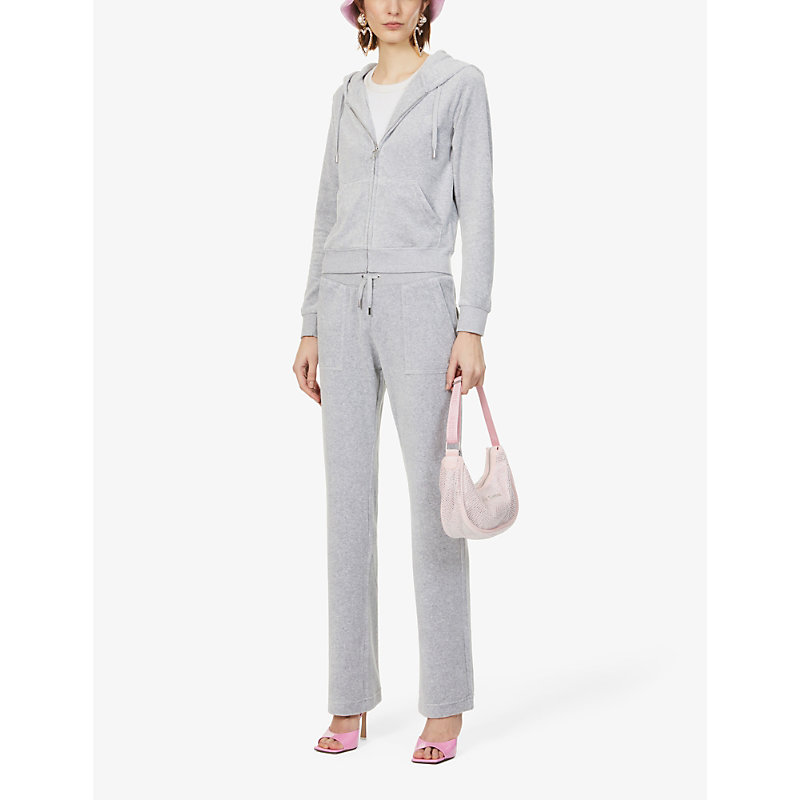 Shop Juicy Couture Logo-embroidered Straight-leg High-rise Velour Trousers In Silver Marl
