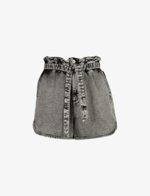 Allsaints Dale Paperbag Waist Denim Shorts In Snow Black In Snow Black