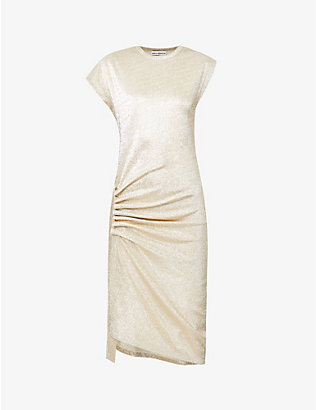 PACO RABANNE: Round-neck ruched stretch-woven midi dress
