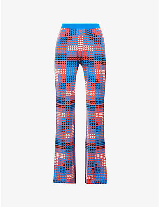 PACO RABANNE: Abstract-print wide-leg high-rise knitted trousers