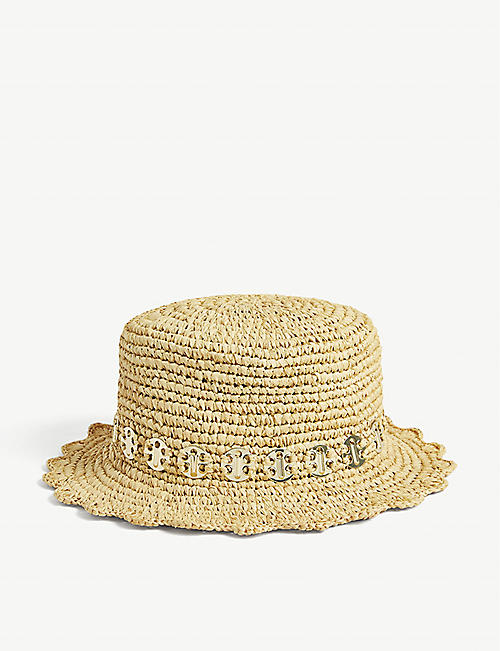 PACO RABANNE: Scalloped embellished woven raffia bucket hat