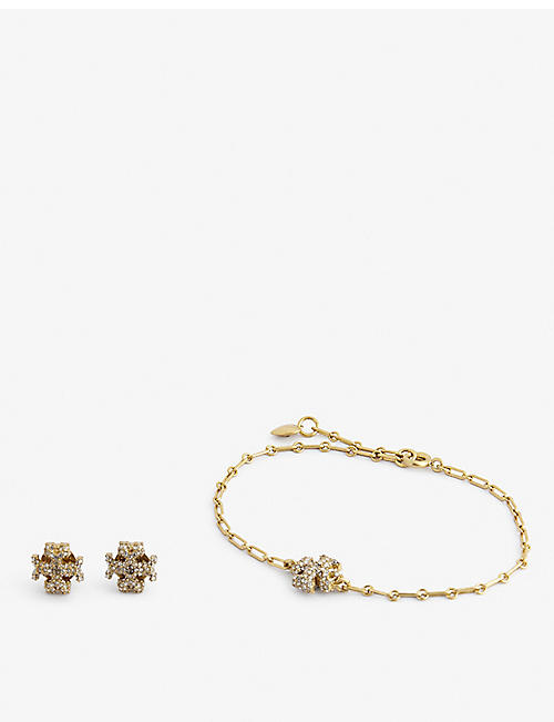TORY BURCH: Roxanne yellow gold-tone brass and crystal bracelet and earrings set