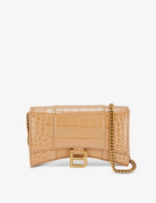 Shop Balenciaga Womens Nude/gold Hourglass Logo-plaque Croc-embossed Leather Wallet-on-chain