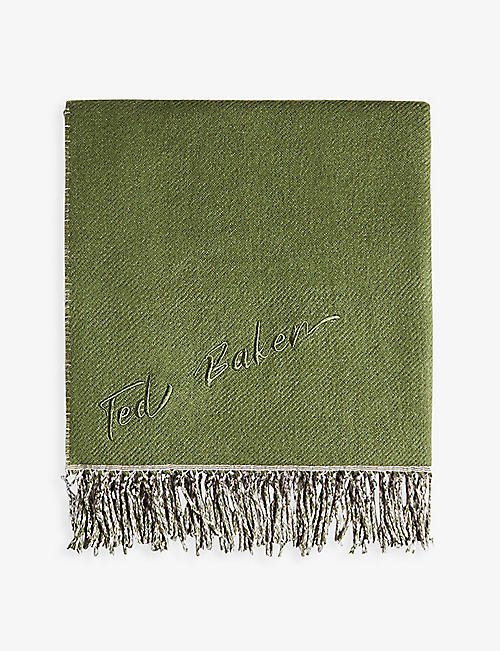 TED BAKER: Katy logo-embroidered reversible fringed woven scarf