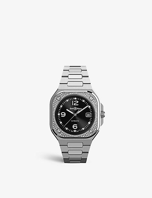 BELL & ROSS: BR05A-BL-STFLD/SST BR05 stainless-steel and 0.88ct round-cut diamond automatic watch