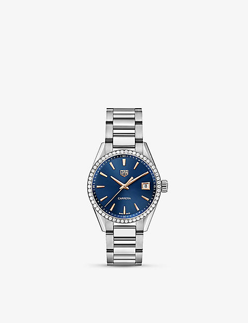 TAG HEUER: WBK1317.BA0652 Carrera stainless-steel and 0.602ct square-cut diamond quartz watch