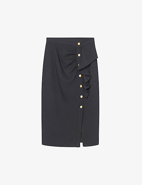 SANDRO: Lisandre ruffle-detail woven pencil skirt