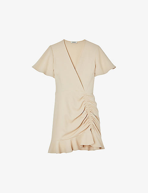 SANDRO: Ruched-skirt wrap crepe mini dress