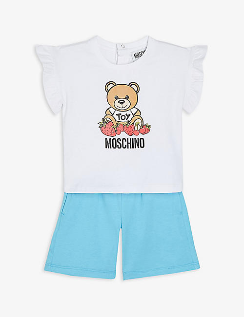 MOSCHINO: Logo-print ruched-sleeve stretch-cotton blend T-shirt set (3-36 months)