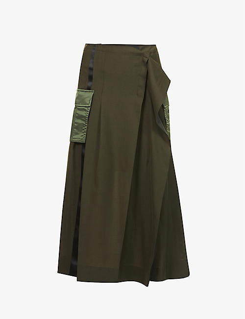 SACAI: Pleated high-rise woven midi skirt