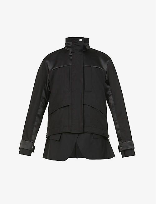 SACAI: High-neck asymmetric-hem cotton-blend jacket