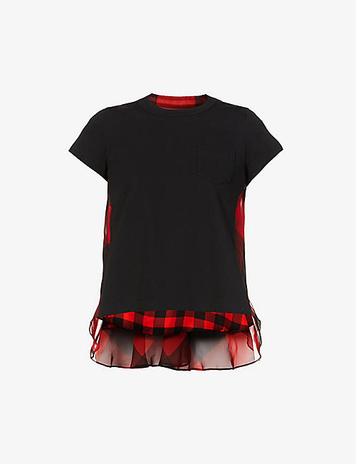 SACAI: Checked flared cotton and crepe T-shirt