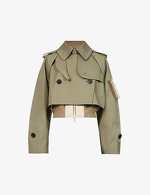 SACAI: Cropped double-breasted cotton and shell jacket