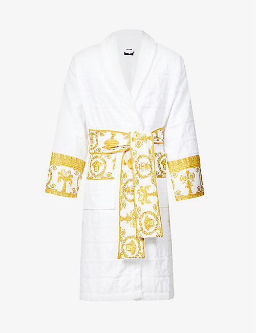 VERSACE: Baroque-print belted cotton-towelling robe