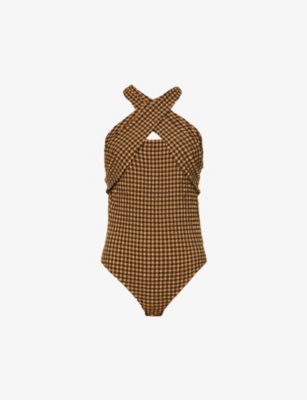 Nanushka Rana Check Seersucker Recycled Polyester Blend Bodysuit In Dark Brown Black Check