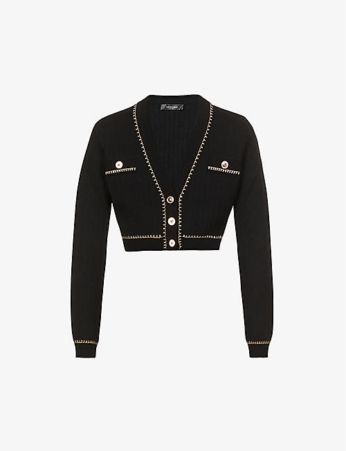 VERSACE: Chain-embellished wool-blend cardigan