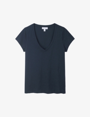 The White Company Womens Navy V-neck Organic-cotton T-shirt