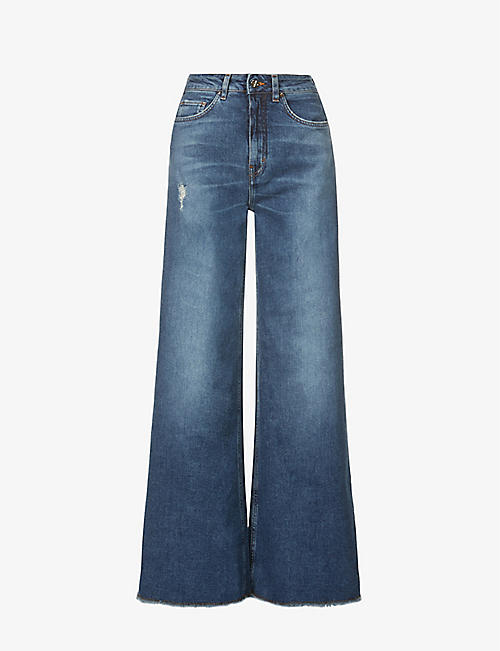 ME AND EM: Distressed wide-leg high-rise stretch-denim jeans