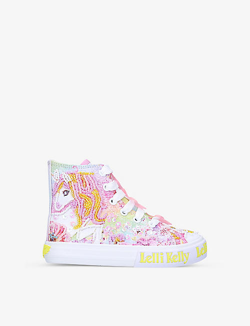 LELLI KELLY: Unicorn bead-embellished canvas high-top trainers 4-9 years