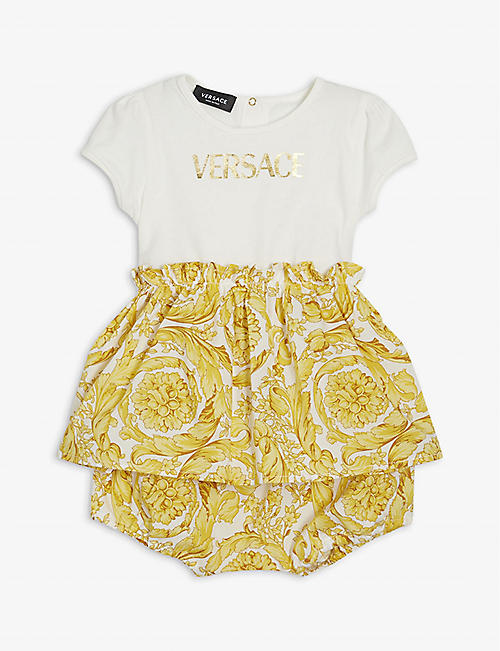 VERSACE: Baroque brand-print cotton dress and shorts set 3-18 months