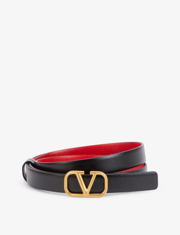 V-logo buckle slim reversible leather belt