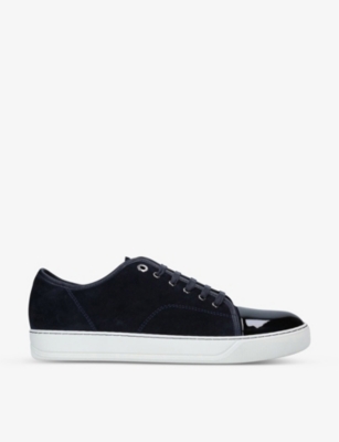 Lanvin Panelled Patent-leather And Velvet Low-top Trainers In Navy Blue
