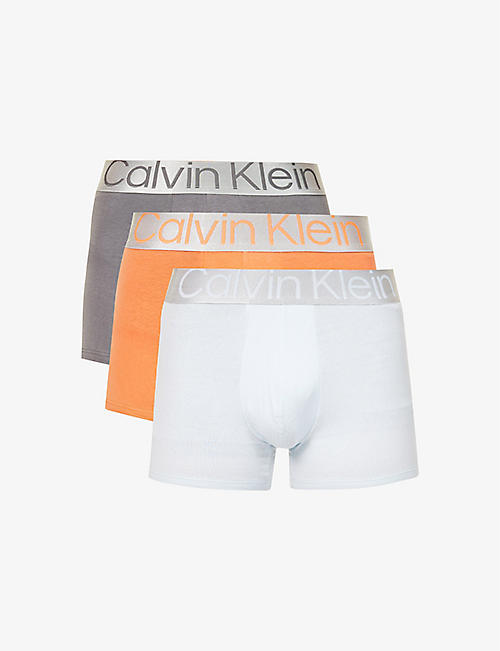 CALVIN KLEIN: Branded-waistband fitted pack of three stretch-cotton trunks