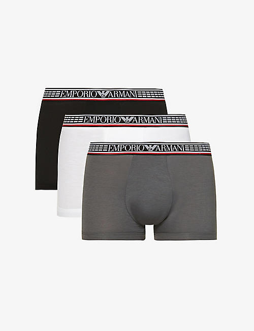 EMPORIO ARMANI: Pack of three branded-waistband stretch-woven trunks