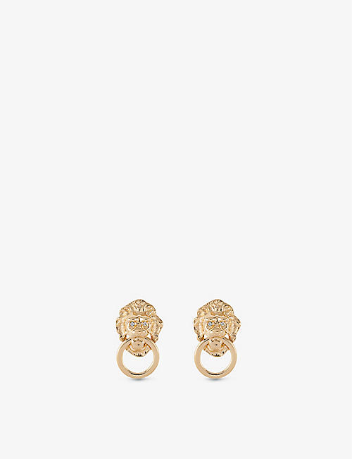 SUSAN CAPLAN: Pre-loved Lion Head 22ct yellow gold-plated and Swarovski crystal knocker earrings