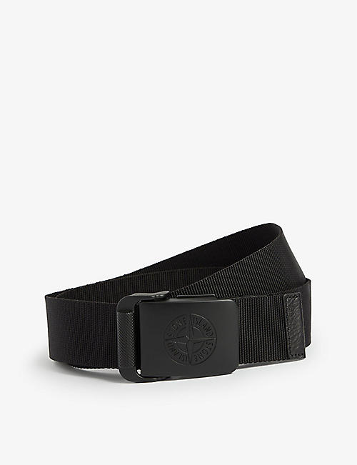 STONE ISLAND: Engraved-buckle logo-tag woven belt