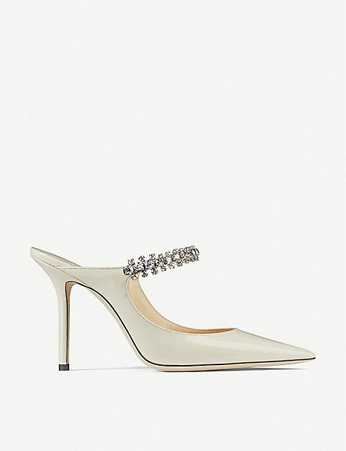JIMMY CHOO: Bing 100 crystal-embellished patent-leather heeled mules