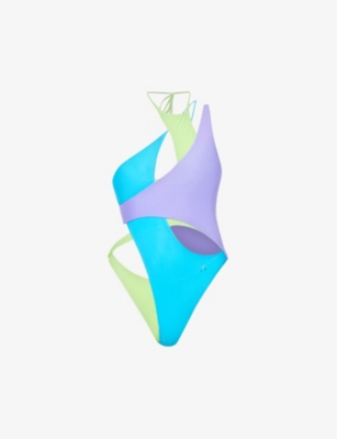 Attico Asymmetric Crystal-embellished Paneled Swimsuit In Lav Pistach Turquoise