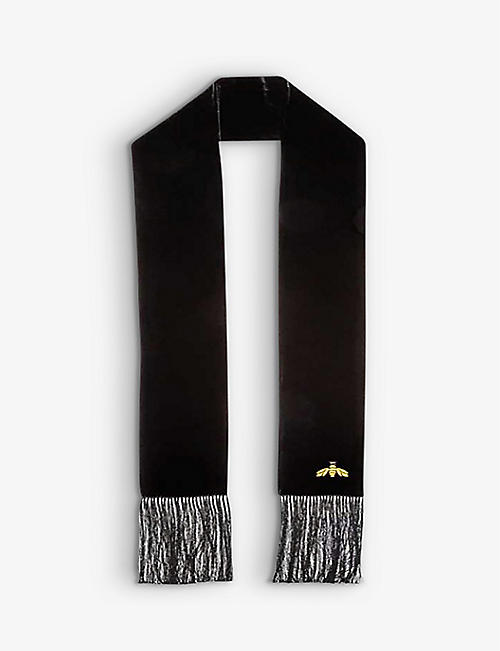 OF THE BEA: Bee Lux embroidered fringed silk-velvet scarf