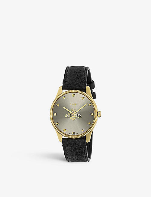 GUCCI: YA1264181 G-Timeless PVD-plated yellow-gold and leather quartz watch