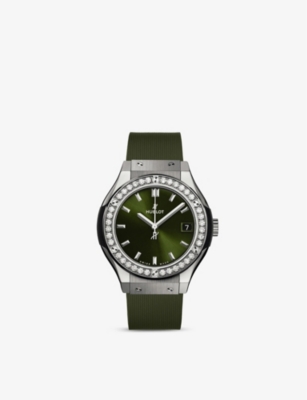 Hublot 581.nx.7071.rx.1104 Classic Fusion Titanium And Diamond Quartz Watch In Green