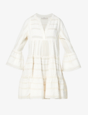 Devotion Ella Flared-sleeve Cotton Mini Dress In Ecru Off White