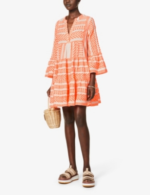 Shop Devotion Twins Women's Neon Orange Off White Ella Flared-sleeve Stretch-cotton Mini Dress