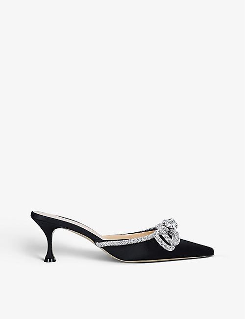 MACH & MACH: Double Bow crystal-embellished satin heeled mules