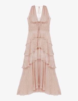 Maje Ruffled Metallic Silk-blend Crepon Midi Dress In Roses